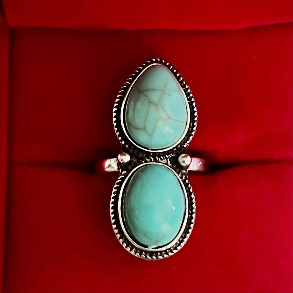 Bohemian Turquoise Double Stone Statement Ring Size 6